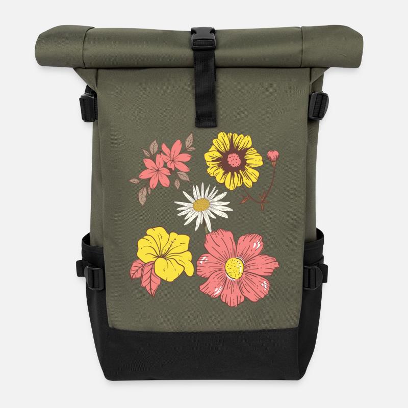 Retro Floral Pattern – Colorful Vintage Flower - Roll Top Backpack - olive/black