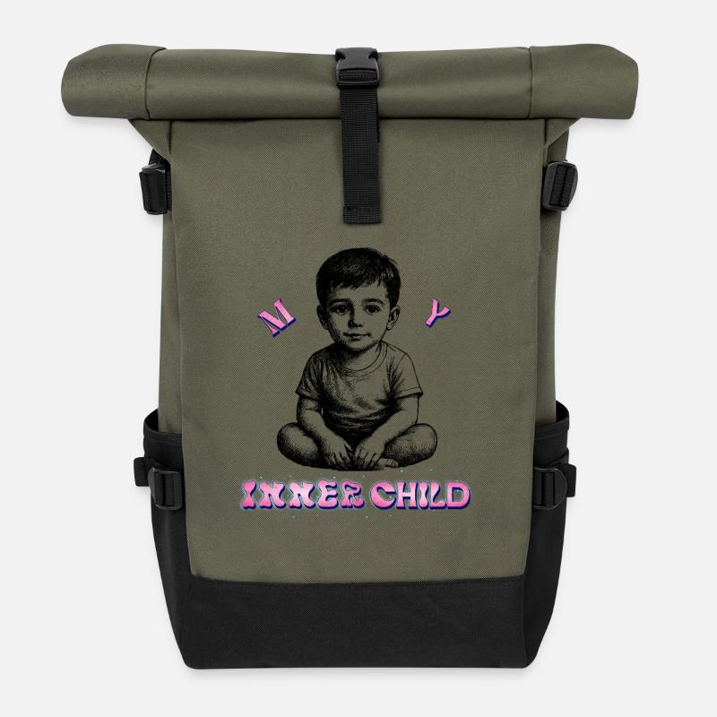 Cuddly toy children's design with UV varnish effect - Roll Top Backpack - olive/black