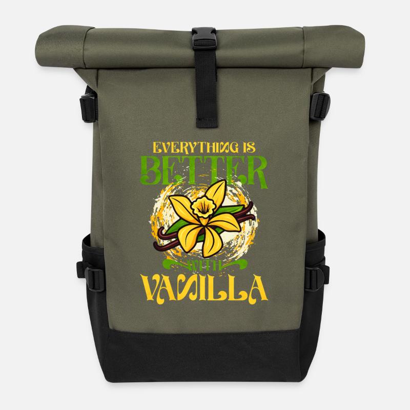 Vanille mit Vanilleblume - Rolltop Rucksack - Olive/Schwarz