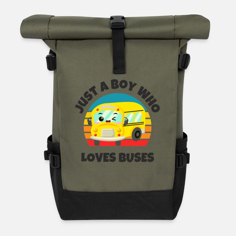 Junge, der Busse liebt Kawaii Retro Schulbus - Rolltop Rucksack - Olive/Schwarz