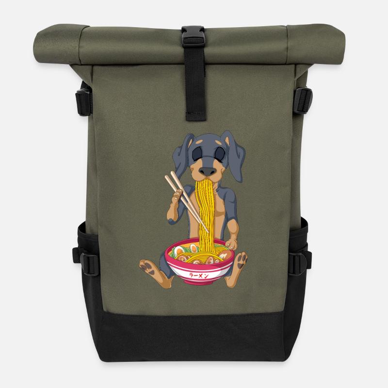 Funny Dachshund Eating Ramen Noodles Cartoon - Roll Top Backpack - olive/black