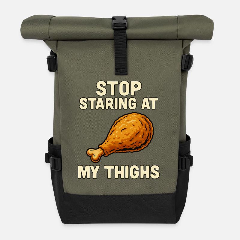 Humorous cooking saying with chicken leg - Roll Top Backpack - olive/black