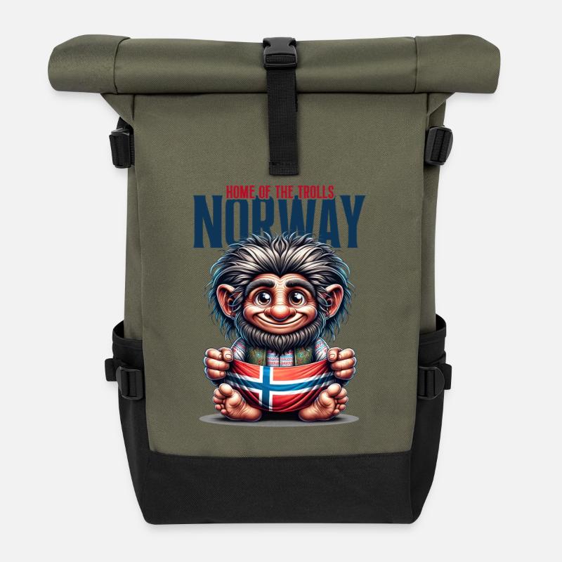 Norwegischer Troll mit Flagge - Rolltop Rucksack - Olive/Schwarz