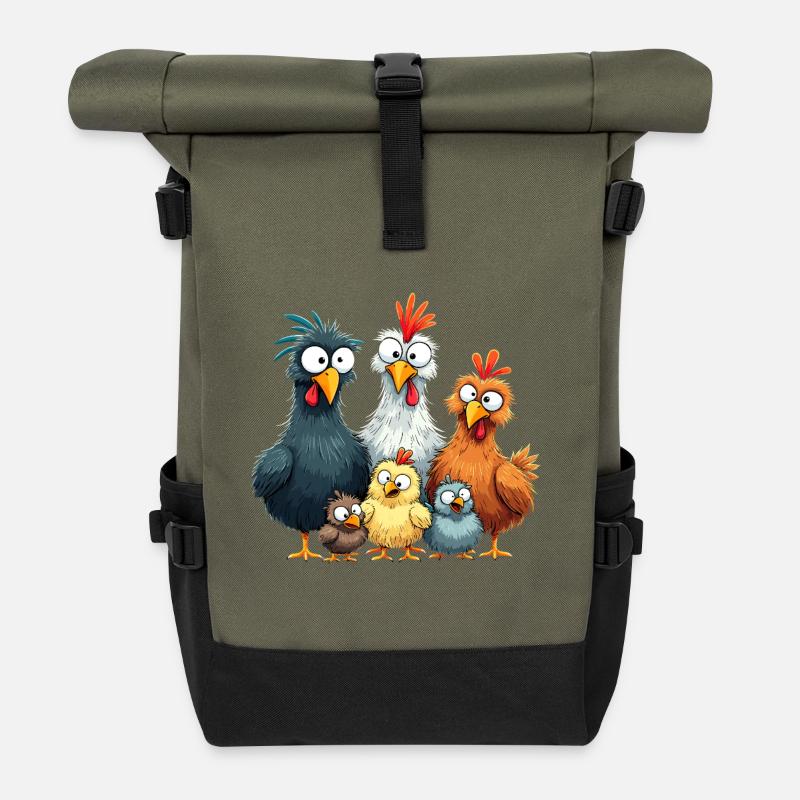 Bunte Hühnergruppe Comedy Design - Rolltop Rucksack - Olive/Schwarz