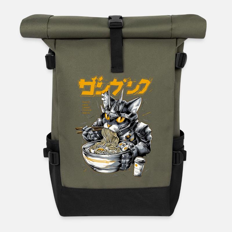 Cyberkatze beim Ramen Essen - Rolltop Rucksack - Olive/Schwarz