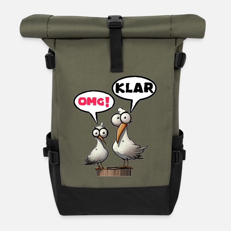 Lustige Möwen mit OMG Klar - Rolltop Rucksack - Olive/Schwarz