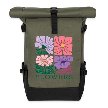 Florales Muster mit Pastell Blumen Flowers - Rolltop Rucksack - Olive/Schwarz - Vorne