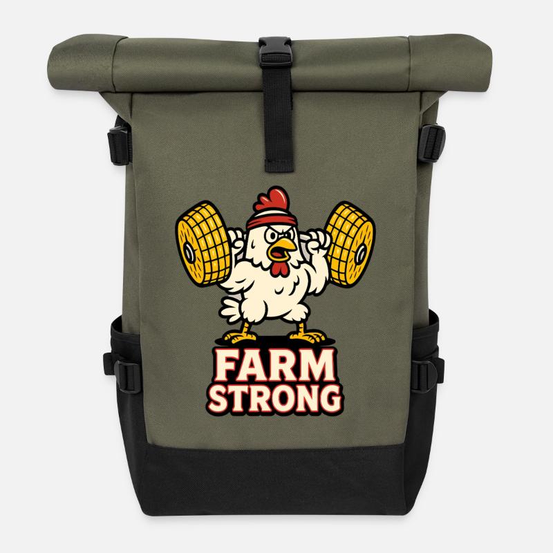 Farm Starkes Huhn Mit Hanteln - Rolltop Rucksack - Olive/Schwarz