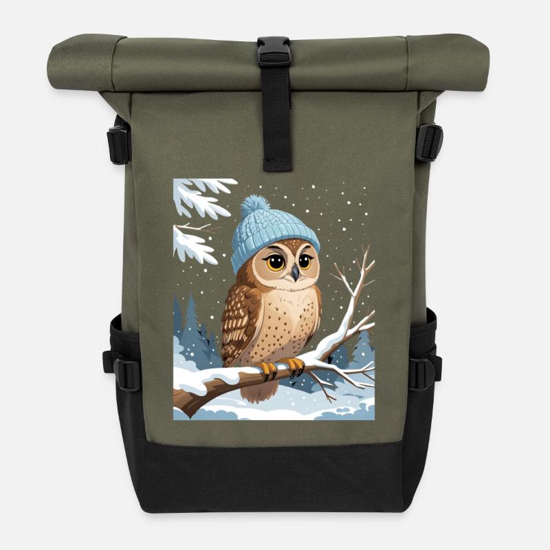 Eule mit Wintermütze im Schneewald - Rolltop Rucksack - Olive/Schwarz