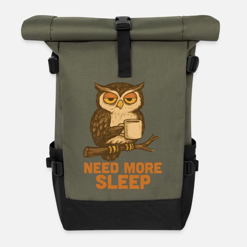 Need More Sleep – Lustige Eule - Rolltop Rucksack - Olive/Schwarz
