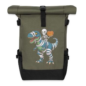 Halloween T-Rex mit Skellet und Kürbis - Rolltop Rucksack - Olive/Schwarz - Vorne