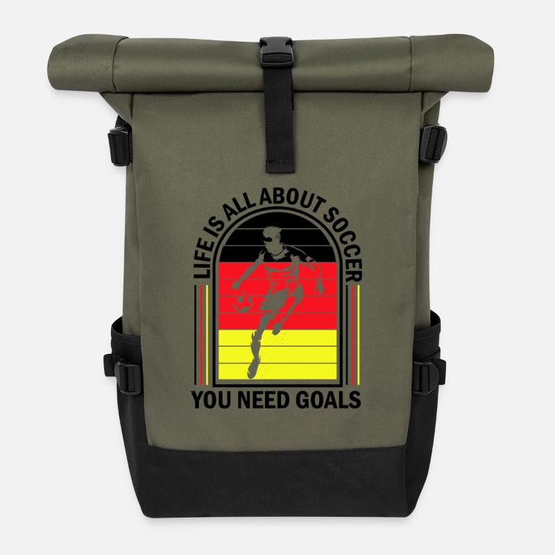Life Is All About Soccer – Retro Kick - Rolltop Rucksack - Olive/Schwarz