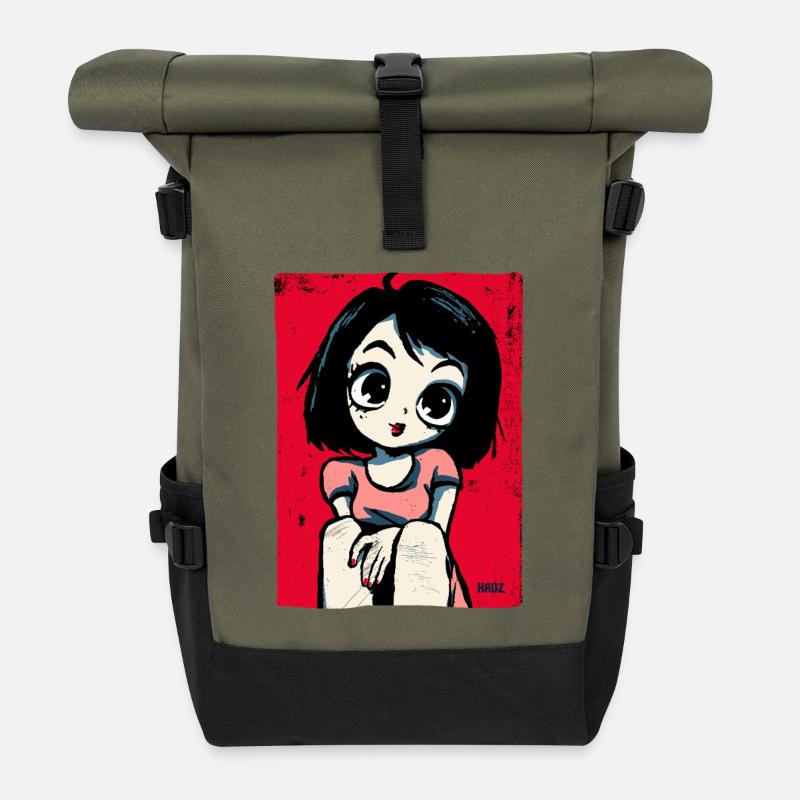 Retro Manga Mädchen mit großen Augen - Rolltop Rucksack - Olive/Schwarz
