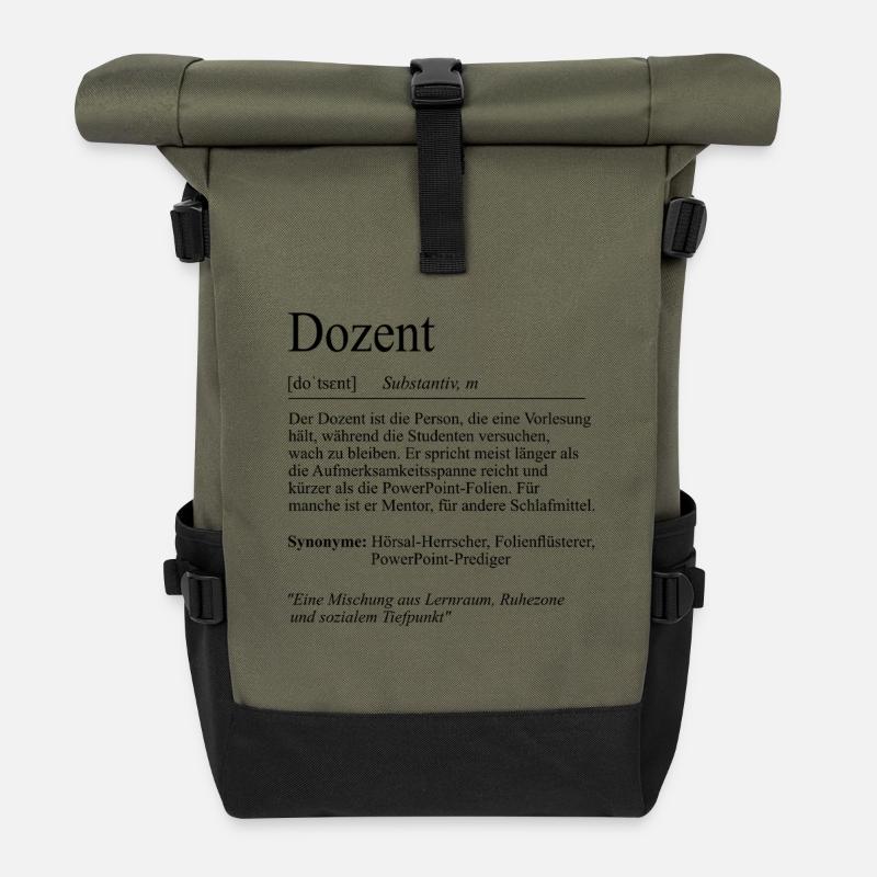 Unispruch "Dozent" Student Geschenk, Studenten - Rolltop Rucksack - Olive/Schwarz