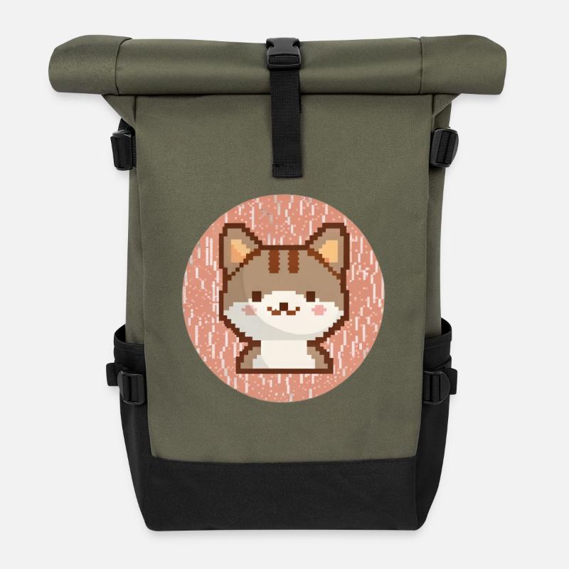 Funny Gamer Pixel Cat Cartoon Design - Rolltop Rucksack - Olive/Schwarz
