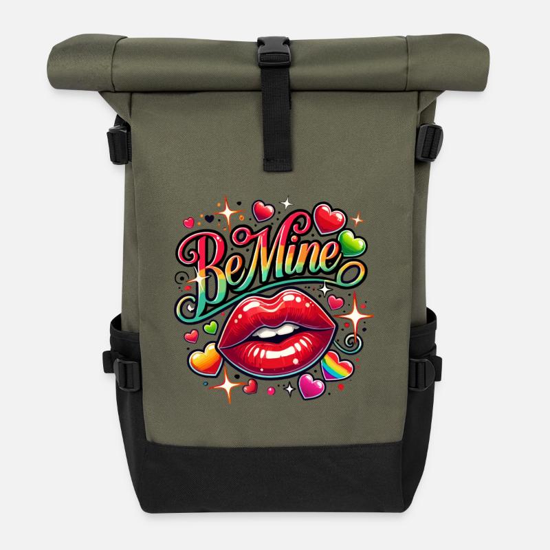 Be Mine - Lippen & Liebe - Rolltop Rucksack - Olive/Schwarz