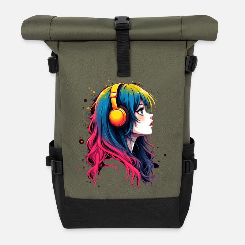 Farbiger Anime-Charakter mit Kopfhörer - Rolltop Rucksack - Olive/Schwarz