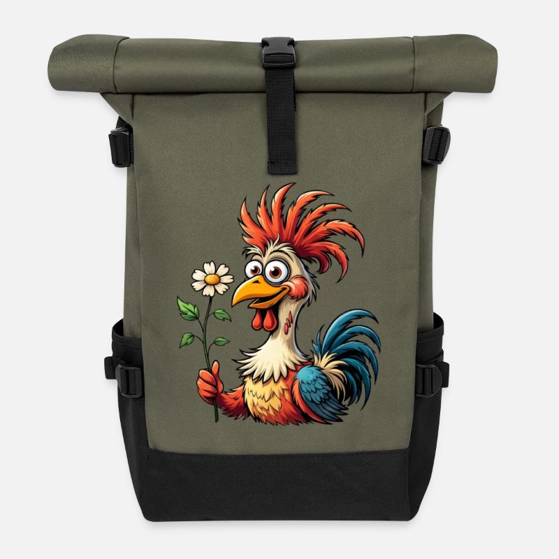 Bunter Cartoon Hahn mit Margeriten Blume - Rolltop Rucksack - Olive/Schwarz