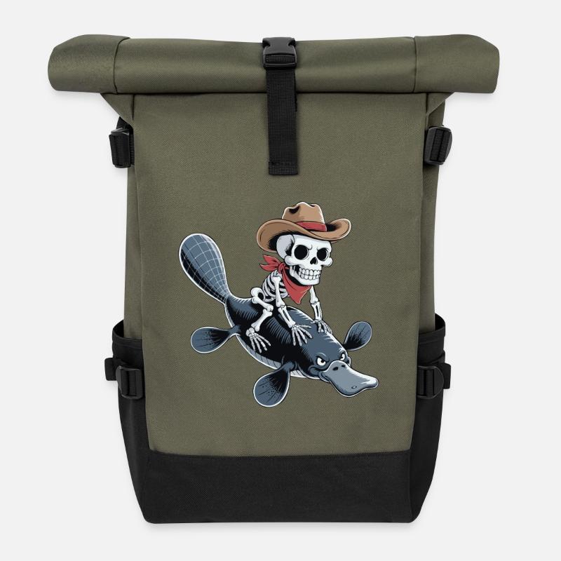 Skelett mit Cowboyhut auf Platypus Schnabeltier - Rolltop Rucksack - Olive/Schwarz