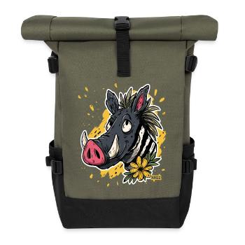 Cartoon Warthog Zebra Flower - Roll Top Backpack - olive/black - Front
