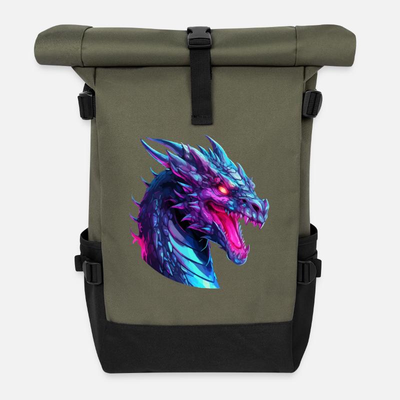 Neon Drachenkopf Kunstwerk - Rolltop Rucksack - Olive/Schwarz