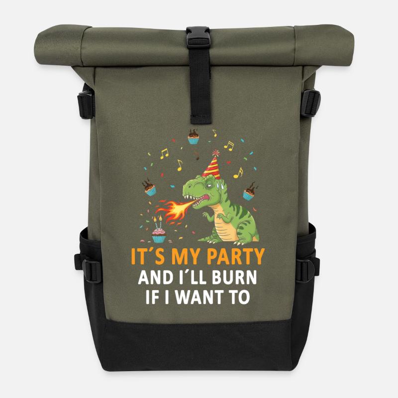 Dino Party with Fire Breath and Birthday Hat - Roll Top Backpack - olive/black