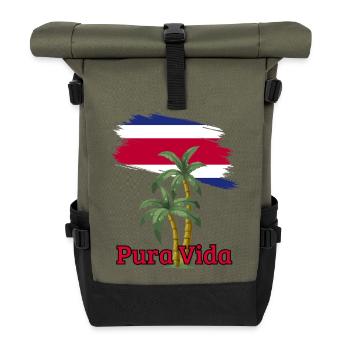 Tropische Palmen mit Pura Vida Phrase - Rolltop Rucksack - Olive/Schwarz - Vorne