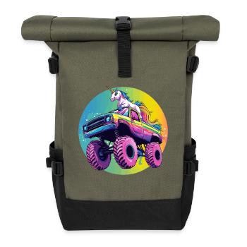 Bunter Rainbow Monster Truck mit Einhorn - Rolltop Rucksack - Olive/Schwarz - Vorne