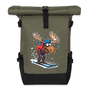 Moose Skifahrer Cartoon Wintersportlook - Rolltop Rucksack - Olive/Schwarz - Vorne