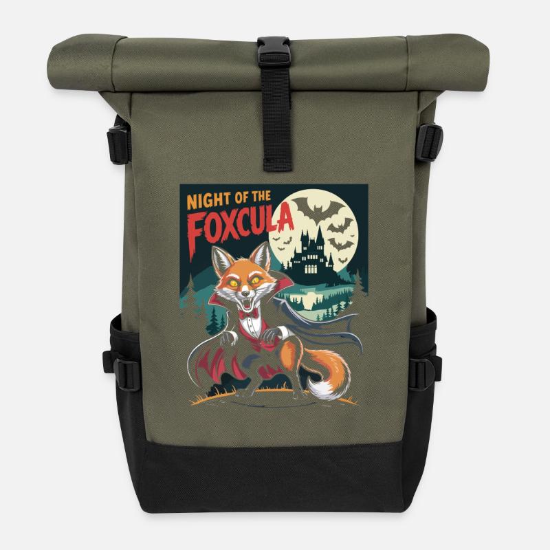 Fox Night at the Castle with Vampires - Roll Top Backpack - olive/black