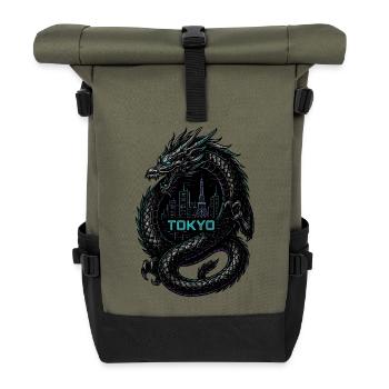 Tokyo Drache Neon Design - Rolltop Rucksack - Olive/Schwarz - Vorne