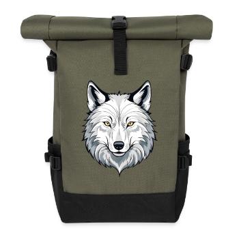 White wolf head illustration - Roll Top Backpack - olive/black - Front