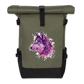 Aquarell-Wolf Neon-Palette - Rolltop Rucksack - Olive/Schwarz - Vorne