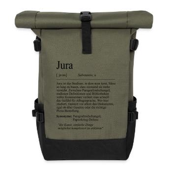 Unispruch "Jura" Student Geschenk, Studenten - Rolltop Rucksack - Olive/Schwarz - Vorne