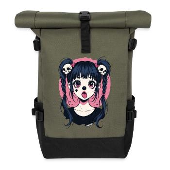 Kawaii Skull Haar Zöpfe Gothic Mädchen - Rolltop Rucksack - Olive/Schwarz - Vorne
