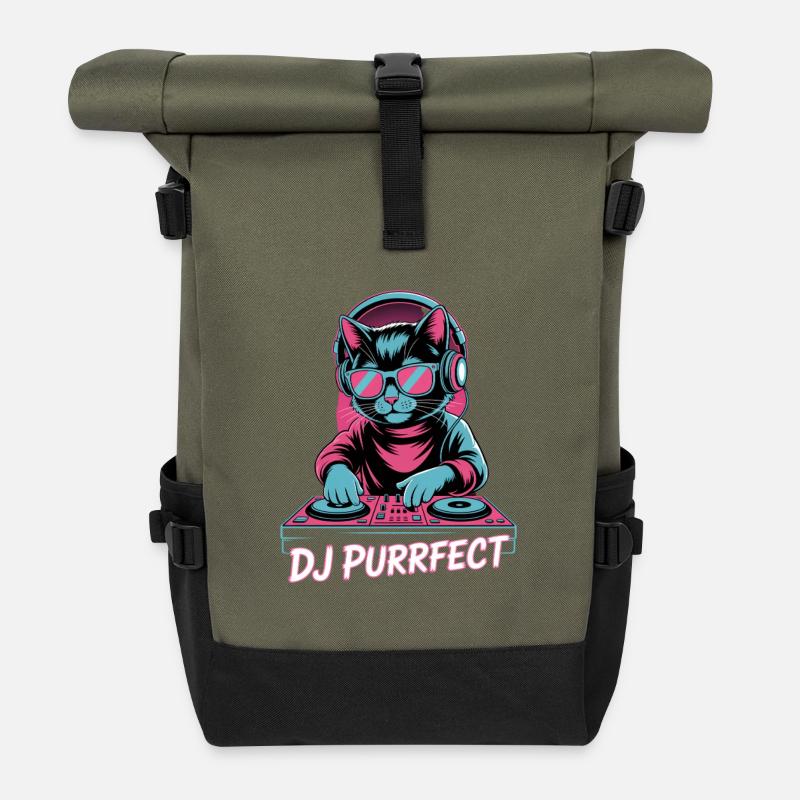 DJ Purrfect Katze DJ Kopfhörer Turntable - Rolltop Rucksack - Olive/Schwarz