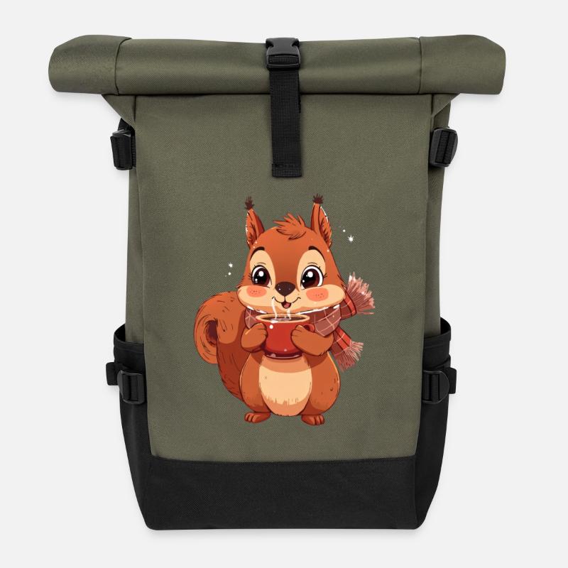 Winterliches Eichhörnchen mit Tasse - Rolltop Rucksack - Olive/Schwarz