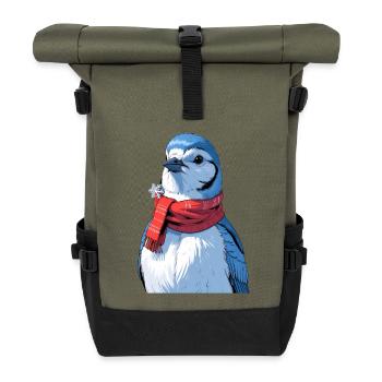Winter Bird with Red Scarf - Roll Top Backpack - olive/black - Front