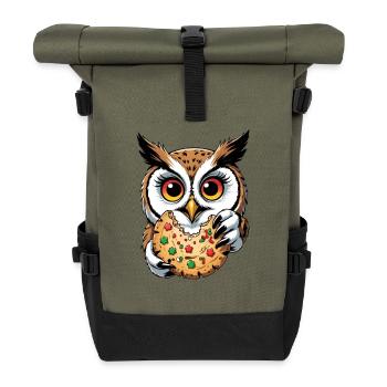 Owl with big biscuit illustration - Roll Top Backpack - olive/black - Front