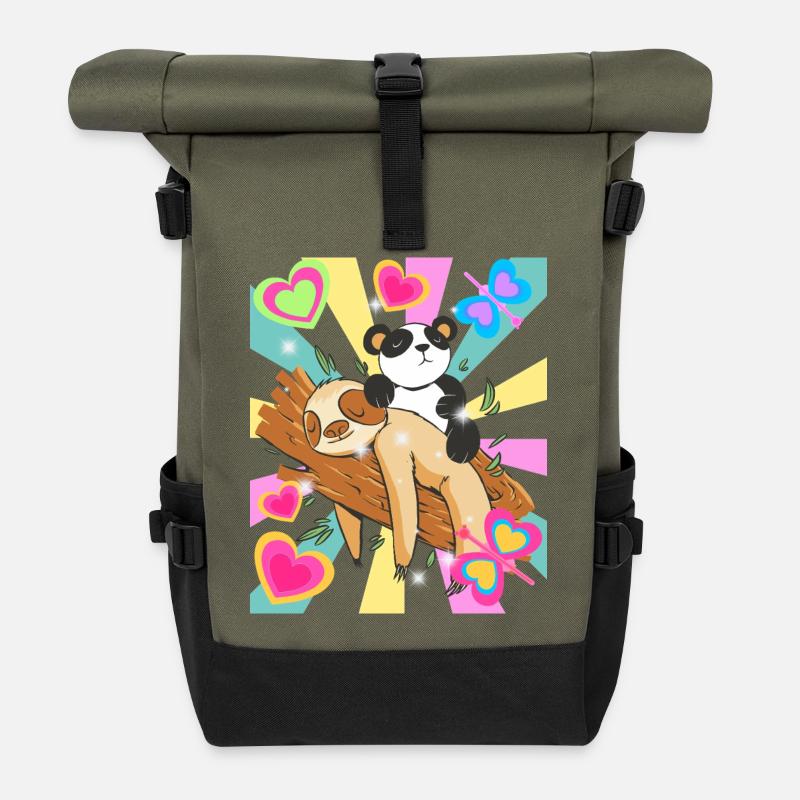 Le panda se repose sur une branche avec un cœur - Sac à dos roll top - olive/noir