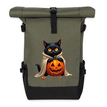 Halloween Cat with Halloween Pumpkin - Rolltop Rucksack - Olive/Schwarz - Vorne