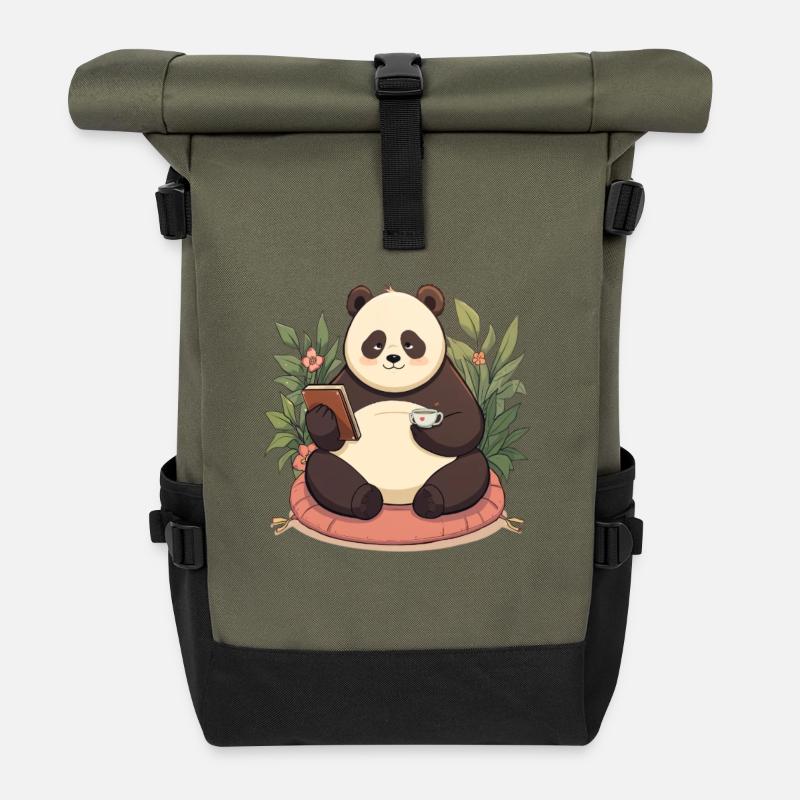 Panda reading with tea - Roll Top Backpack - olive/black