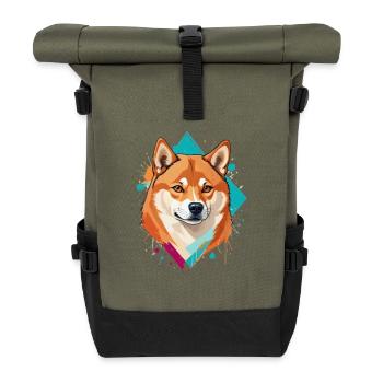 Shiba Inu Geometrische Farbflächen - Rolltop Rucksack - Olive/Schwarz - Vorne