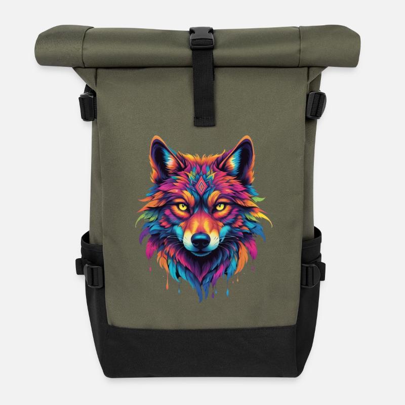 Bunter Wolf Kopf - Rolltop Rucksack - Olive/Schwarz