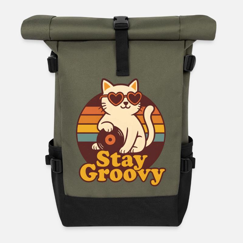 Stay Goovy Katze Vinyl Retro - Rolltop Rucksack - Olive/Schwarz