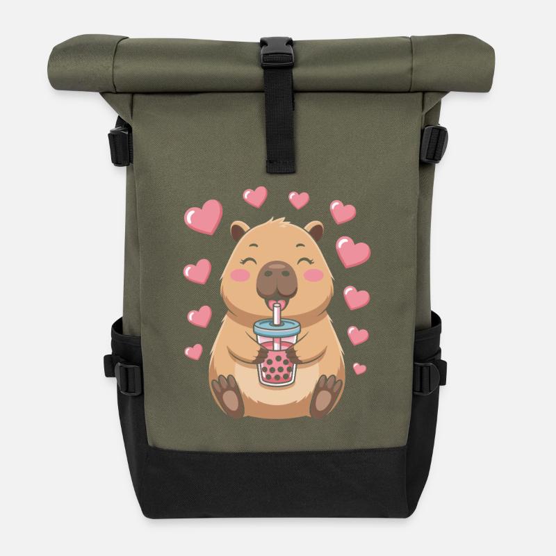 Kawaii Bubble Tee Capybara Boba Tee - Rolltop Rucksack - Olive/Schwarz