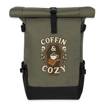 Coffin & Cozy Coffee Lounge, Halloween  - Roll Top Backpack - olive/black - Front