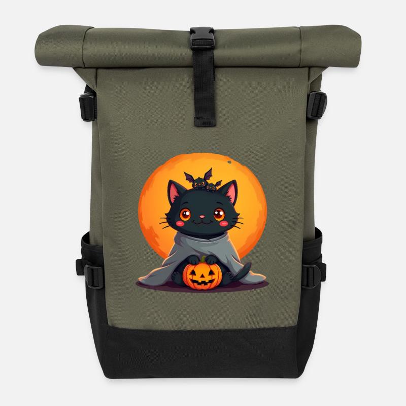 Halloween Katze mit Halloween Kürbis - Rolltop Rucksack - Olive/Schwarz