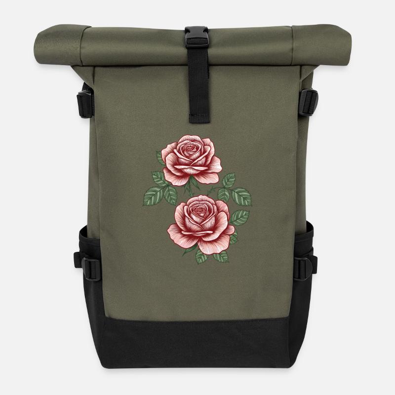 Vintage Red Roses on Foliage - Roll Top Backpack - olive/black