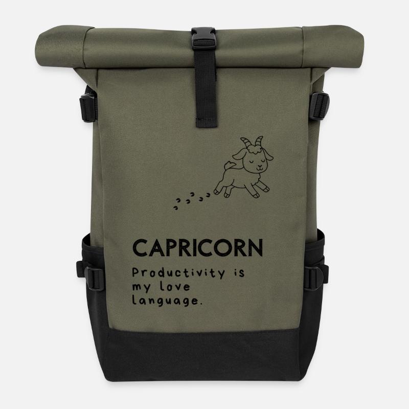Cute Capricorn Cartoon – Overworked Goat - Roll Top Backpack - olive/black